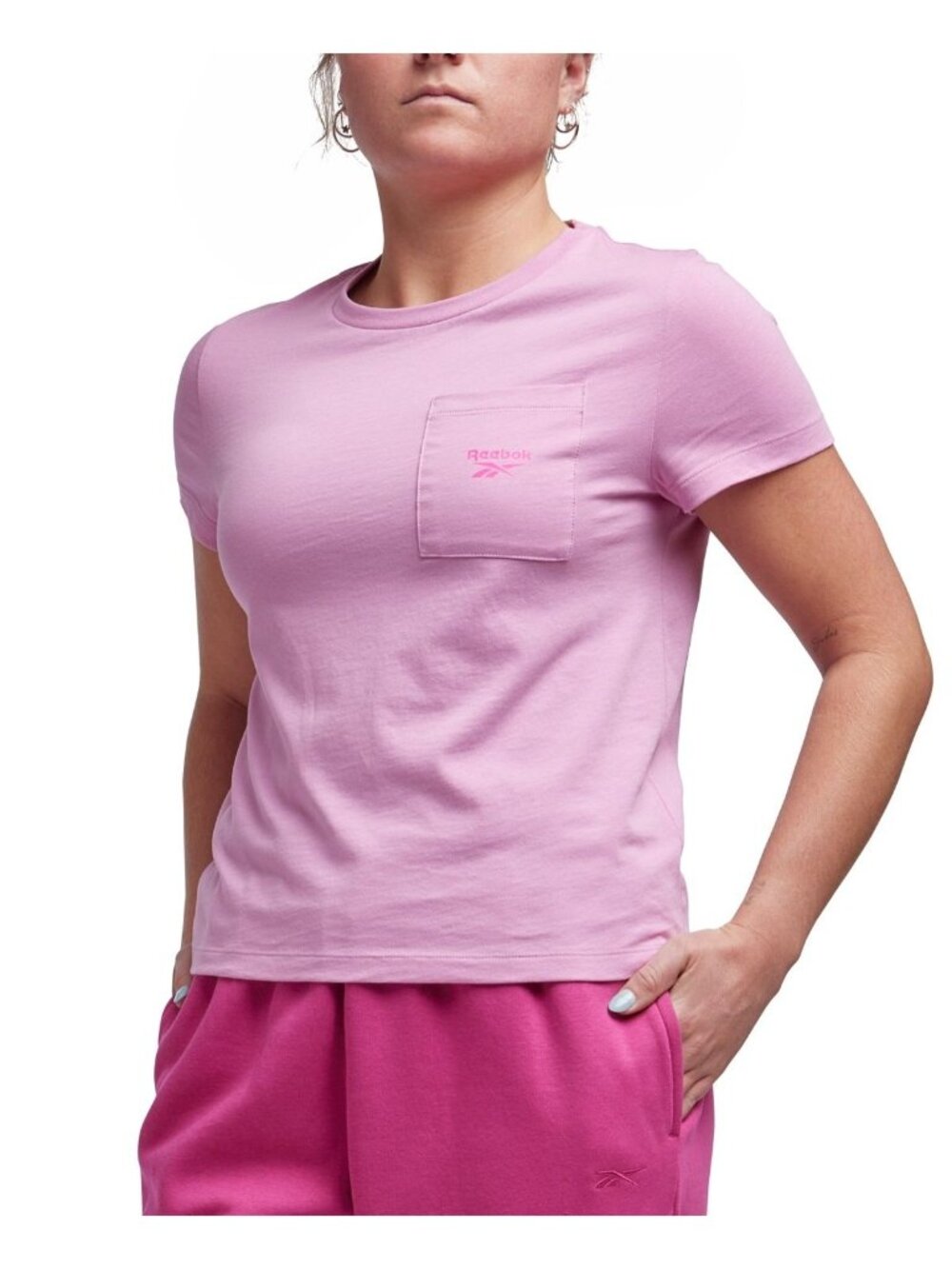 Reebok Womens Active Small Logo Pocket Cotton T-Shirt Jasmine Pink Size L NWT